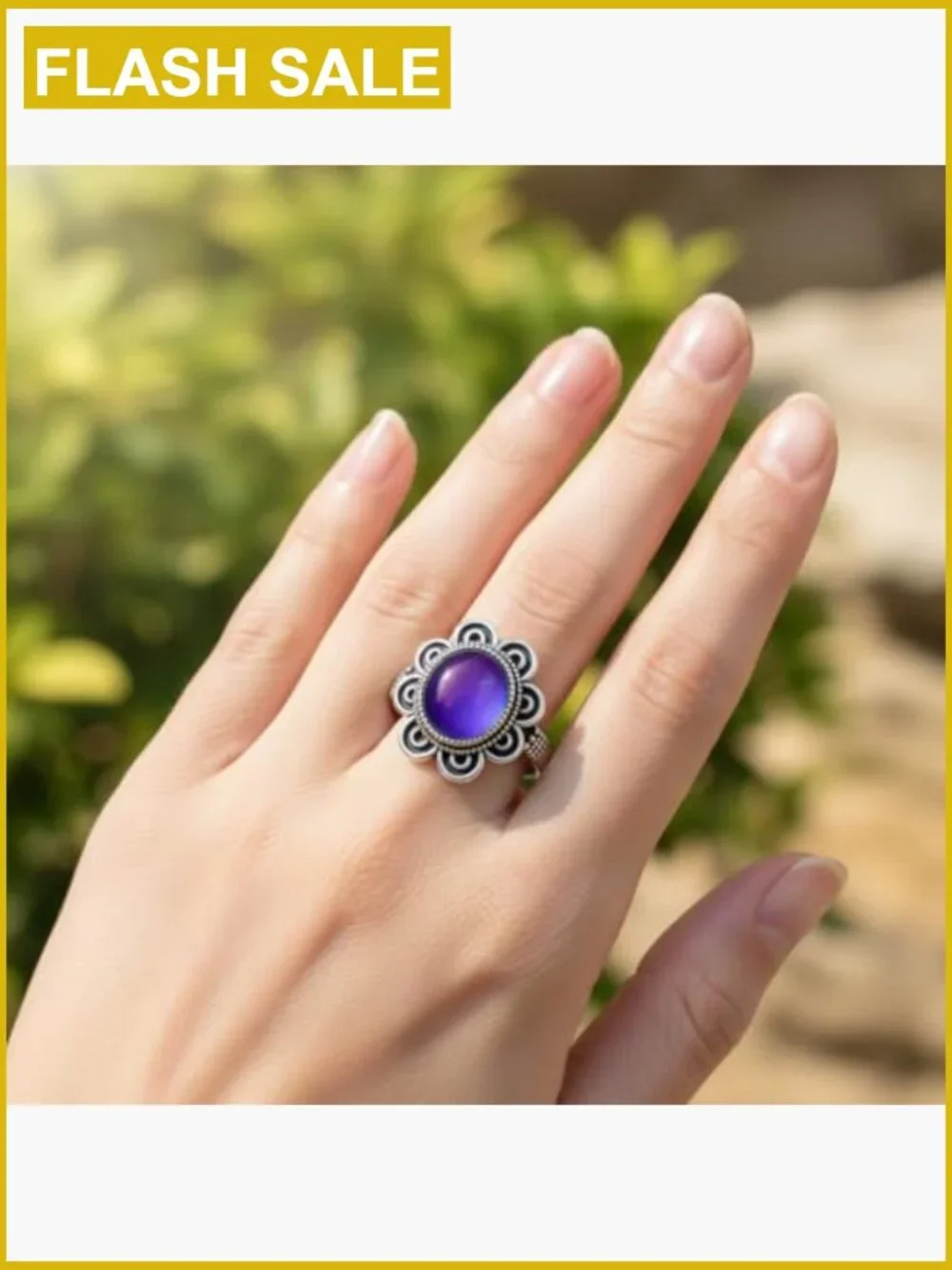 Retro Flower Mood Ring Sterling Silver Thermochromic Stone Statement Ring Boho